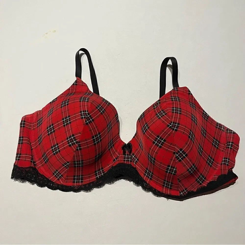 Adore Me Bra Red and Black Plaid with Lace Trim Size 44D